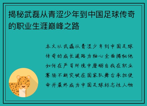 揭秘武磊从青涩少年到中国足球传奇的职业生涯巅峰之路 揭秘武磊从青涩少年到中国足球传奇的职业生涯巅峰之路