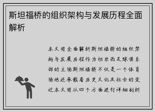 斯坦福桥的组织架构与发展历程全面解析 斯坦福桥的组织架构与发展历程全面解析