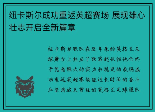 纽卡斯尔成功重返英超赛场 展现雄心壮志开启全新篇章 纽卡斯尔成功重返英超赛场 展现雄心壮志开启全新篇章