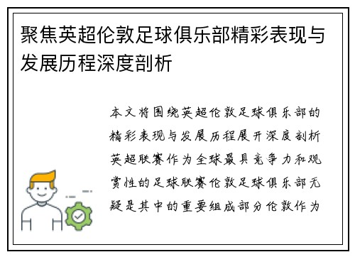 聚焦英超伦敦足球俱乐部精彩表现与发展历程深度剖析 聚焦英超伦敦足球俱乐部精彩表现与发展历程深度剖析