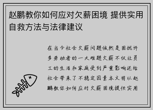 赵鹏教你如何应对欠薪困境 提供实用自救方法与法律建议 赵鹏教你如何应对欠薪困境 提供实用自救方法与法律建议