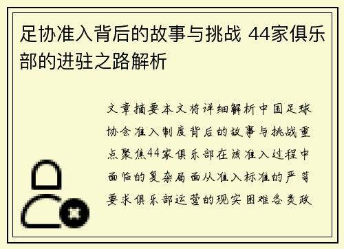 足协准入背后的故事与挑战 44家俱乐部的进驻之路解析